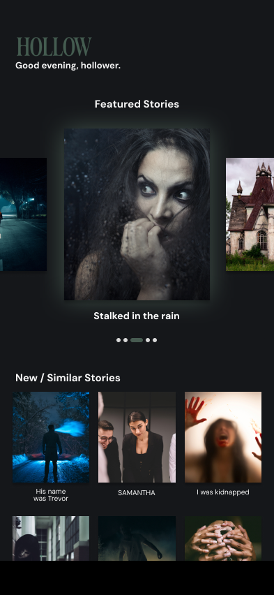 Hollow home screen with featured stories